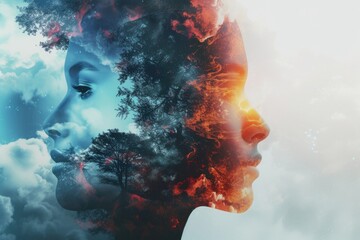Forest Woman Profile with Celestial Sky - obrazy, fototapety, plakaty