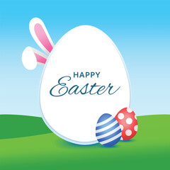 Easter day background template with bunny rabbit and eggs on grass light blue sky for banner poster web cover page design. Greetings and presents for flat lay styling. Promotion sale and shopping.