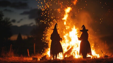 Witches Ritual with Fiery Backdrop. Walpurgis Night