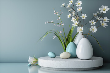 Geometric podium stands for product presentation, Easter eggs, on a gray background. AI Generated