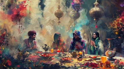 Traditional Eastern dinner scene in an artistic style. - obrazy, fototapety, plakaty