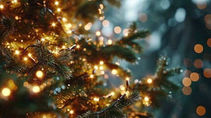 Fototapeta na wymiar Christmas Light on Pine Tree Branches 8K 
