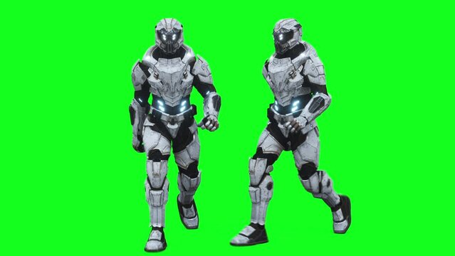 Military futuristic cyborg, robot. Realistic 4k green screen animation.