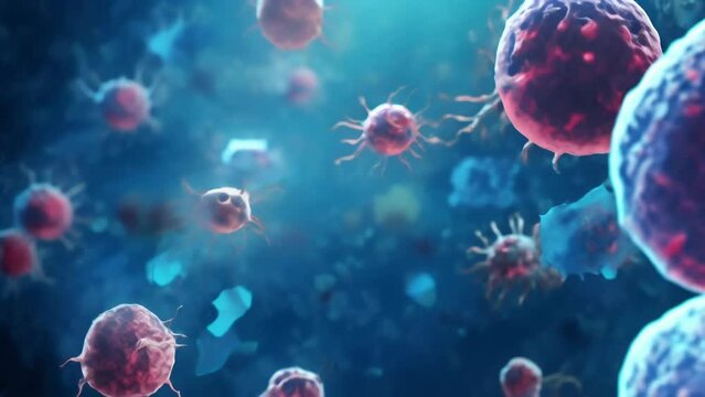 Cancer cells that cause tumors in human body. Oncology. Macro view. Terrible disease of humanity. Science, medicine and immunology concept. Medical background. Viruses and bacteria under microscope