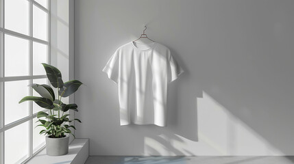 Front back view of plan white ringer t shirt mockup hanging on wall. Made with generative ai