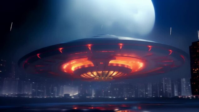 Mysterious UFO with radiant lights hovering over city under night sky. Futuristic alien spaceship close up. Perfect for projects exploring extraterrestrial themes, science fiction and unknown.