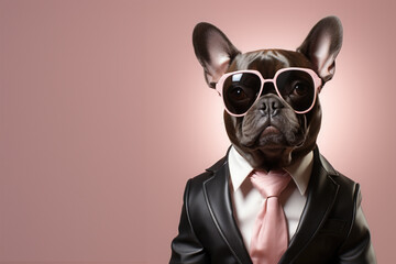 Elegant dog with pink sunglasses. Ai generative art