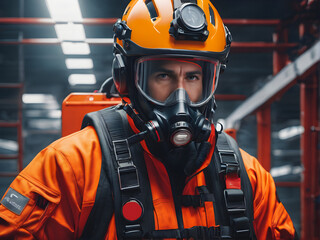 Rescuer in specialized uniform with hands on rescue equipment. generative AI