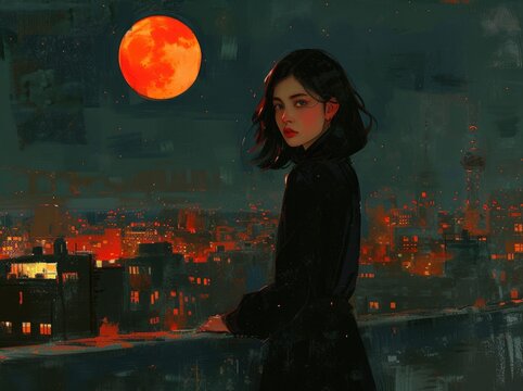 a girl standing next to a cityscape at night, in the style of trad goth, snapshot aesthetic, isaac levitan, kris knight, beijing east village, forestpunk, anastasiya dobrovolskaya