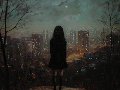 a girl standing next to a cityscape at night, in the style of trad goth, snapshot aesthetic, isaac levitan, kris knight, beijing east village, forestpunk, anastasiya dobrovolskaya