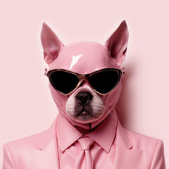 Elegant dog in a pink suit and in a pink latex mask. Ai generative art