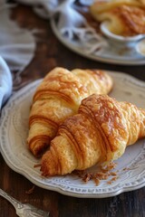Golden croissants on a vintage plate.