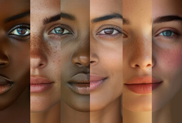 Striped collage made of portraits of beautiful woman different nationalities. Female faces with varying skin tones, aligned by eyes.