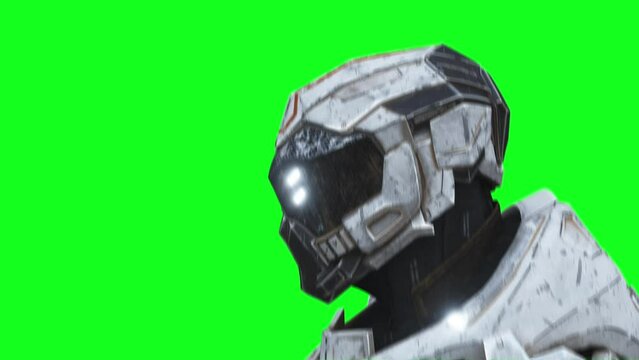 Military futuristic cyborg, robot. Realistic 4k green screen animation.