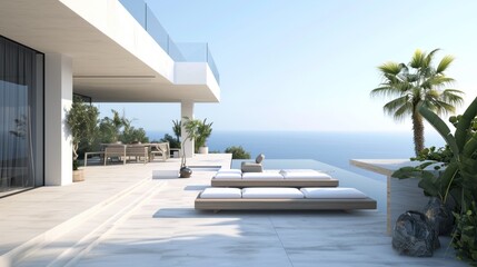 Fototapeta premium Rooftop terrace with a minimalist dining area lounge. Generative ai, 