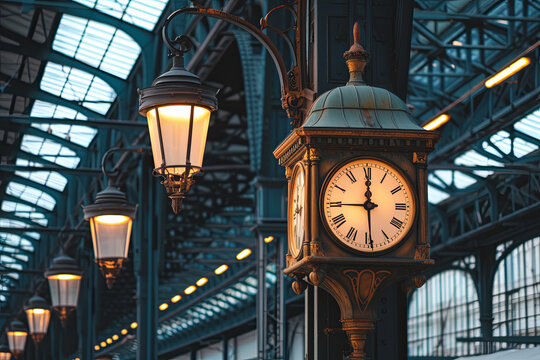Vintage clock and lantern on train station with building roof
