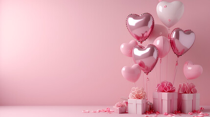 Beautiful pink birthday background with inflated helium balloons in the shape of hearts and gifts on the side with space for text. generative ai