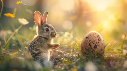 Fototapeta na wymiar Cute baby rabbit as easter bunny sitting in easter egg as easter background wallpaper design (Generative AI)