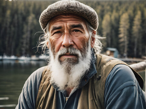Weathered fisherman with piercing gaze on blurred dock background. generative AI