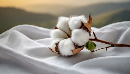 Cotton flower on white cotton fabric cloth background, cotton buds on a tree - obrazy, fototapety, plakaty