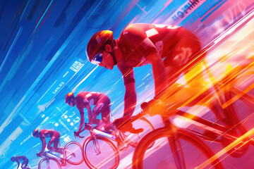 Cyclist in red racing fiercely with a backdrop of bold, abstract blue strokes.