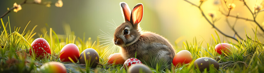 Easter Morning: A Curious Bunny Amidst Vibrant Eggs in a Sunlit, Blossoming Meadow