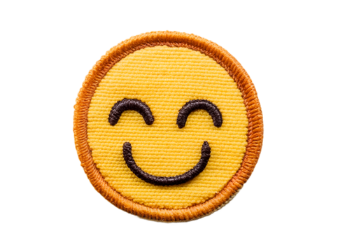  embroidery yellow smiley round badge isolated on transparent background