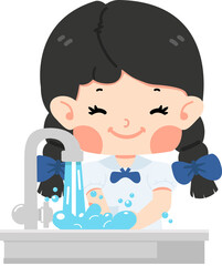 Cute Girl washing  hands in sink cartoon