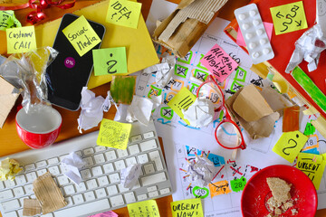 Messy workplace,chaotic office, overworked,burnout,mobbing, bureaucracy,red tape concept with...