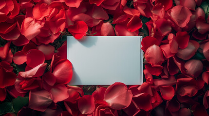 Blank white gift card on a bed of red rose petals. copy space. generative ai