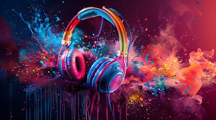 Headphones over Neon splashing wih vibrant colours, dynamic music blaster  - obrazy, fototapety, plakaty