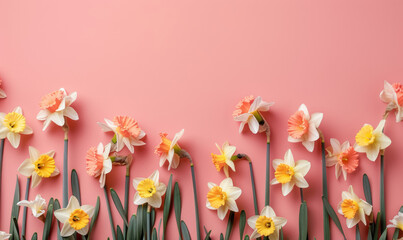 assorted daffodils creating a vibrant pattern on a soft pink pastel background - obrazy, fototapety, plakaty
