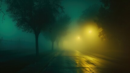 a foggy street at night with a street light in the foreground and trees on the other side of the street.