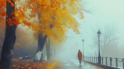 a painting of a person walking down a street in a park on a foggy day with a lamppost in the background.