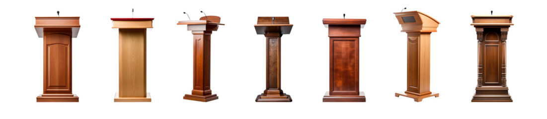 brown wood speech stand and microphone - Podium set - lectern collection - various shapes and angles - isolated transparent PNG. Modern and antique.  - obrazy, fototapety, plakaty