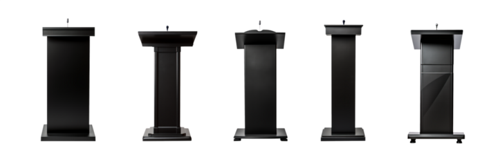 black speech stand and microphone - Podium set - lectern collection - various shapes and angles - isolated transparent PNG. Modern and antique. 