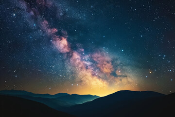 Fototapeta na wymiar Night landscape with colorful Milky Way and yellow light at mountains. Starry sky with hills at summer. Beautiful Universe. Space background