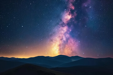 Fototapeta na wymiar Night landscape with colorful Milky Way and yellow light at mountains. Starry sky with hills at summer. Beautiful Universe. Space background