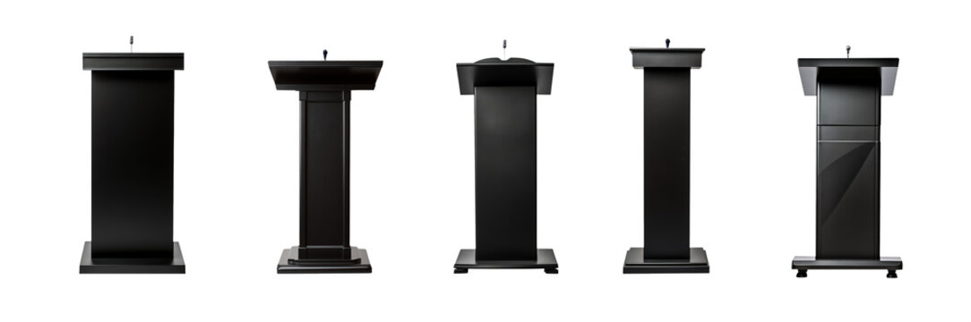 black speech stand and microphone - Podium set - lectern collection - various shapes and angles - isolated transparent PNG. Modern and antique. 