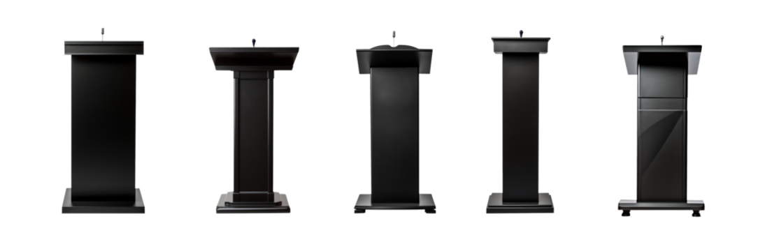 black speech stand and microphone - Podium set - lectern collection - various shapes and angles - isolated transparent PNG. Modern and antique. 