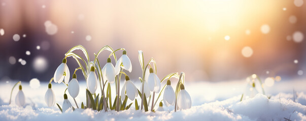 White snowdrop flowers blooming in snow in the soft morning light, generated by ai