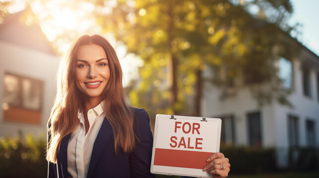 Beautiful cheerful female real estate agent holding FOR SALE sign against house background. Caucasian sales agent or real estate owner smiling confidently. Generative AI
