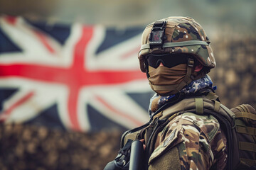 A fully geared masked soldier with the UK flag in the background, embodying patriotism, readiness and determination