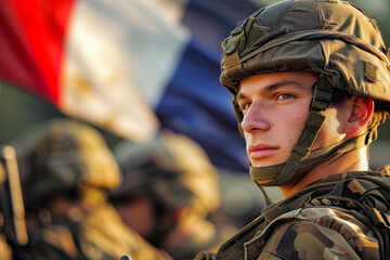 A young male soldier in uniform with a blurred French flag in the background