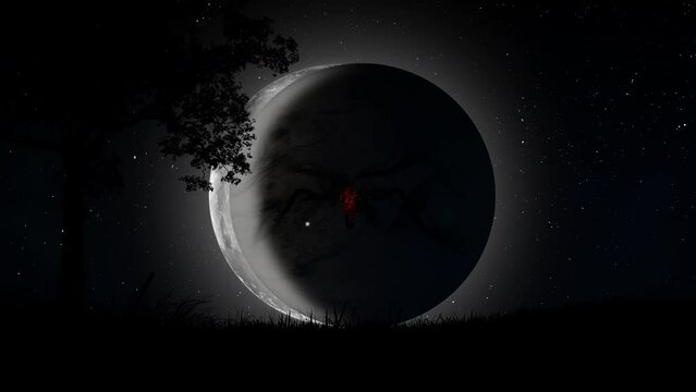 A man with lava cracks all over his body and sparks of fire flies from the sky in clouds of black smoke against the backdrop of a total lunar eclipse. The idea of Antichrist, religion, Armageddon.