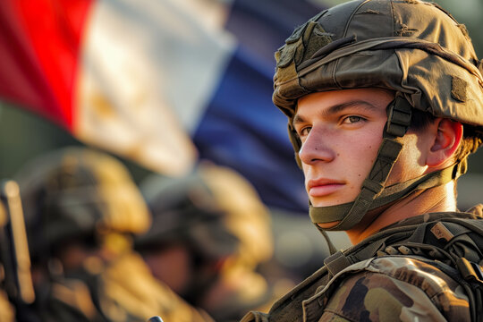 A young male soldier in uniform with a blurred French flag in the background