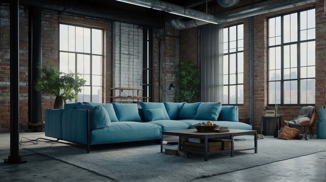 Living room loft in industrial style, sky blue theme from Generative AI © SevenThreeSky