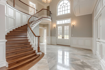 Foyer in new construction home with curved staircase - obrazy, fototapety, plakaty