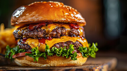 fresh juicy hamburger with beef meat, grilled cheeseburger with onion and tomato, classic american fast food burger
