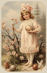 Vintage Easter card 1910-1930. Cute children with Easter accessories. Happy Easter! High resolution